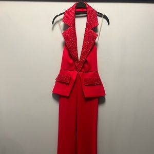 🔥 Elegant Tarik Ediz Red Rhinestone Collared Jumpsuit! 🔥
 (Sample - Like New)